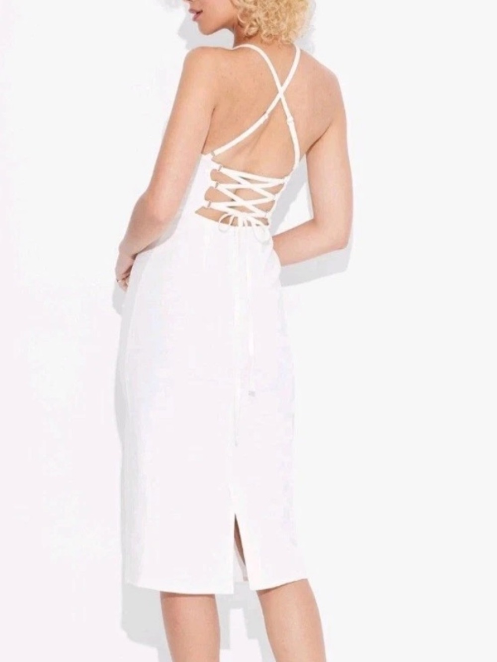 Wild Fable Cream Strappy Lace-Up Midi Dress Linen Cocktail size 8